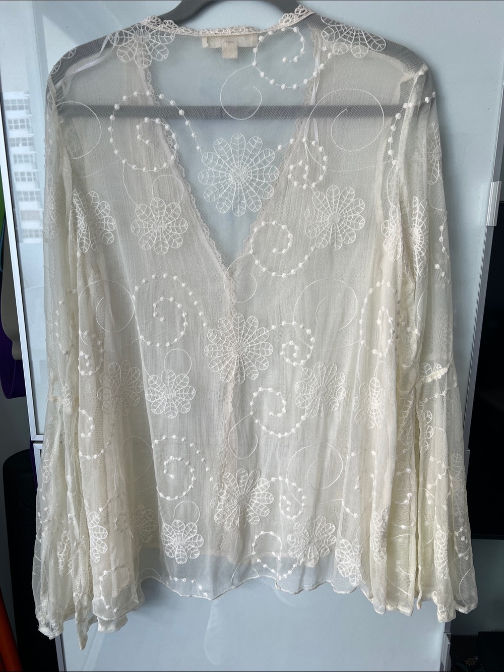 Lovestitch Sheer Lace-Trim Top in Ivory w/ bell sleeves - Picture 3 of 15